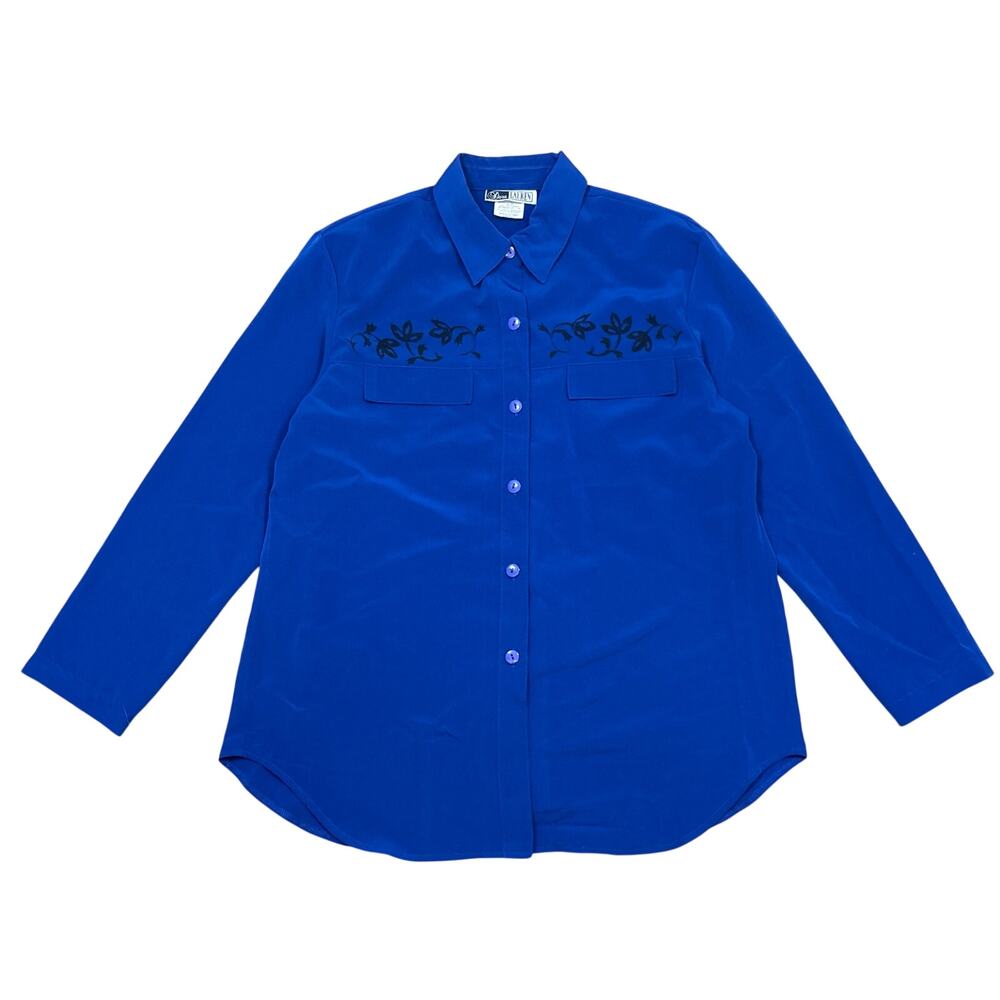 Vtg Dena Lauren Vibrant Blue Button down shirt floral print Women’s Large